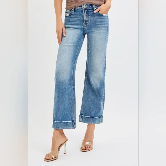 Risen Mid Rise Medium Wash Straight Cropped Tailored Cuff Jeans Various NEW - Picture 2 of 6